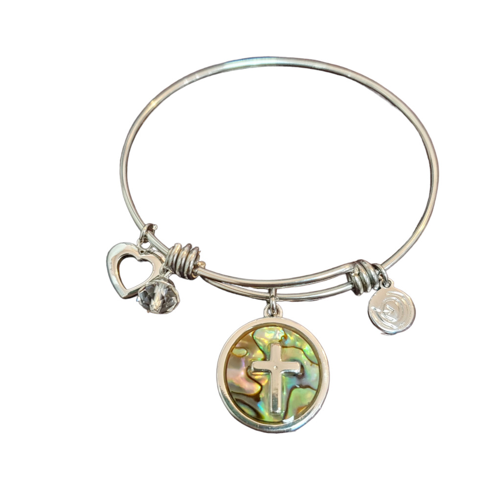 LA CN shell cross love this life faith bracelet silver toned bangle